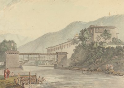 Ansicht von Tashichoedzong, Bhutan und Fußbrücke von Samuel Davis