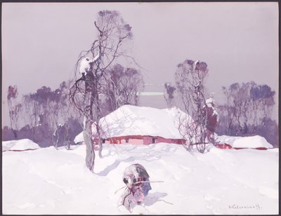 Alte Dame sammelt Holz im Schnee von Sergei Kolesnikoff