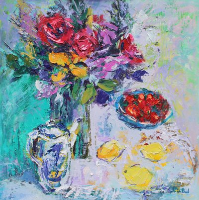 Erdbeeren mit Blumen von Sylvia Paul