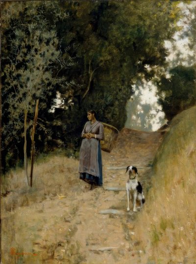 Bäuerin mit Tragekorb und Hund von Telemaco Signorini