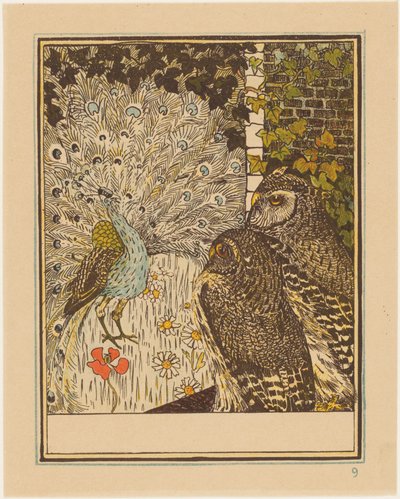 Prunkender Pfau und zwei Eulen von Theo van Hoytema