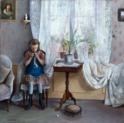 Innenraum mit häkelndem Mädchen von Theodor Kittelsen