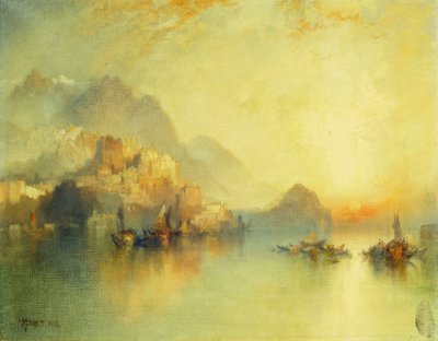 Ein Dorf am Hang bei Sonnenuntergang, 1918 von Thomas Moran