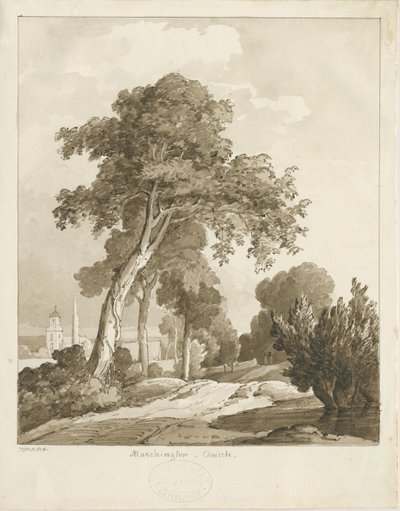 Marchington Church: Sepiawaschzeichnung, 1836 von Thomas Peploe Wood