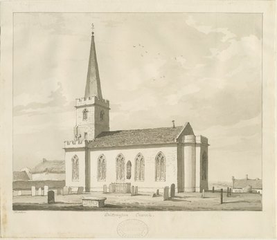 Whittington Kirche: Sepia-Zeichnung von Thomas Peploe Wood