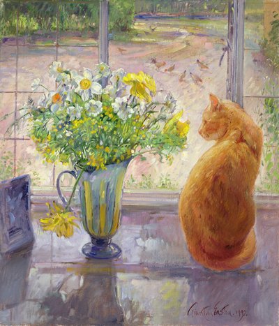 Gestreifter Krug mit Frühlingsblumen, 1992 von Timothy Easton