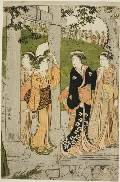 Frauen besuchen den Mimeguri-Schrein von Torii Kiyonaga