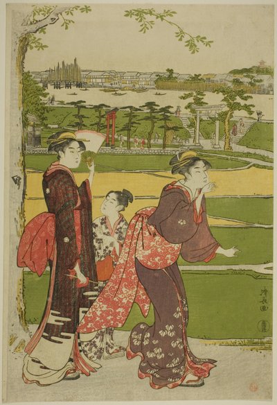 Frauen besuchen den Mimeguri-Schrein von Torii Kiyonaga