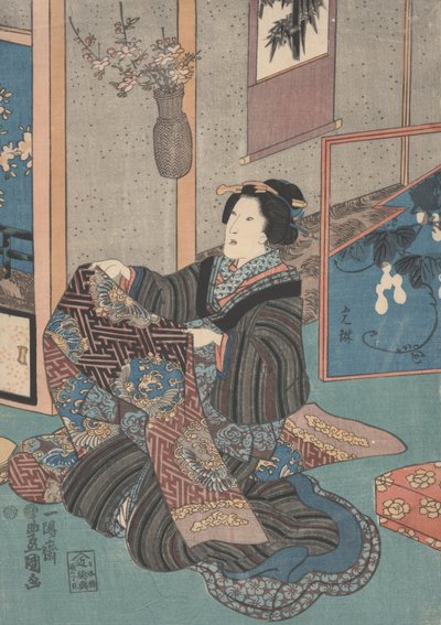 Dame hält einen Obi von Utagawa Toyokuni