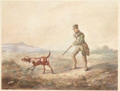 Landschaft mit einem Jäger und seinem Hund von Ubekendt