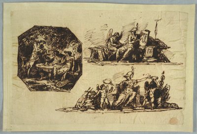 Zeichnung, Bacchus, Apollo und Mnemosine; Minerva mit Trophäen von Unbekannt