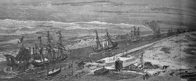 Dampfschiffe passieren den Suezkanal, um 1882 von Unbekannt
