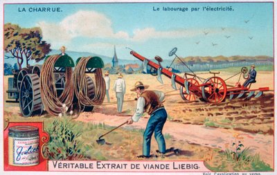 Der Pflug, Pflügen mit Elektrizität, um 1900 von Unbekannt