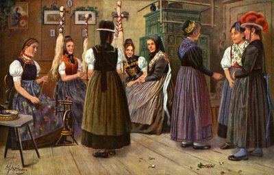 Deutsche Frauen am Spinnrad von Unbekannter Künstler