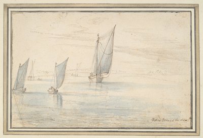Fünf Boote segeln auf einem Fluss von Unknown
