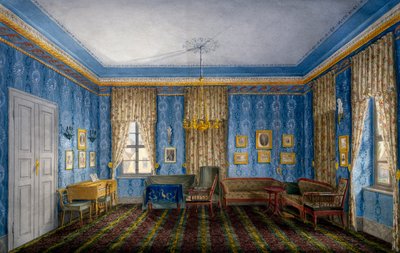 Tagesraum mit blauer Tapete und Girlanden von Unknown artist