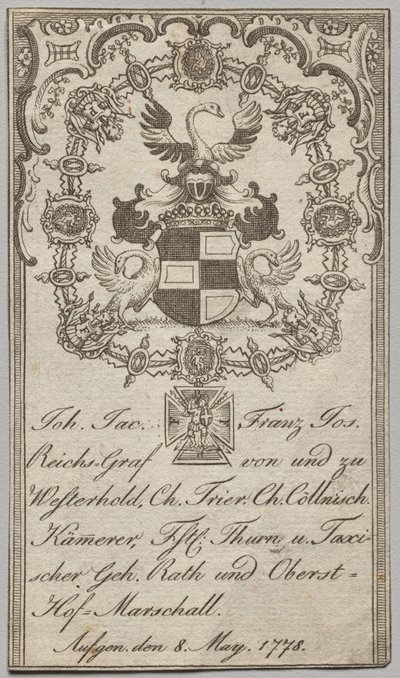 Exlibris: Johan. Jac. Franz-Joseph, Reichsgraf von Westerhold von Unknown artist