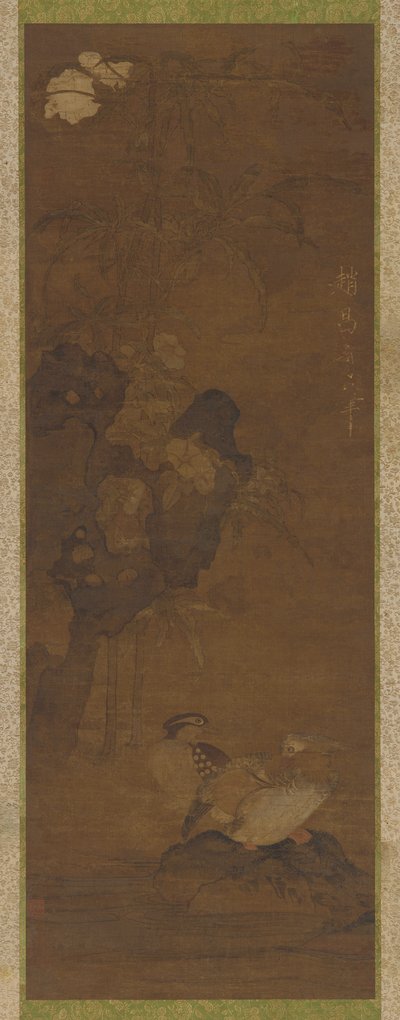 Mandarinenten, Felsen und eine blühende Pflanze von Unknown artist