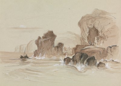 Felsige Küste mit kleinem Fischerboot von Unknown artist