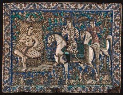 Fliese, die Khusrau zeigt, wie er auf Shirin beim Baden trifft von Unknown artist
