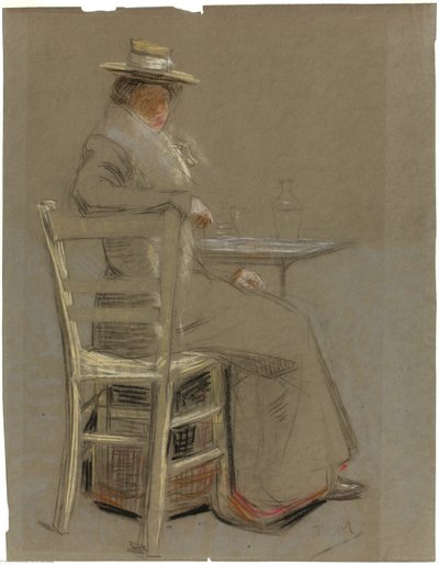 Frau, die an einem Tisch sitzt von Unknown artist