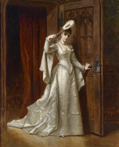 Elegante Dame im weißen Damastkleid von Władysław Bakałowicz