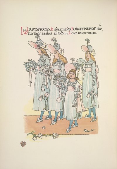 Brautjungfern in Vergissmeinnicht-blauen Damenkleidern von Walter Crane