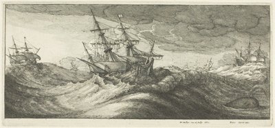 Kriegsschiffe und ein spritzender Wal von Wenceslaus Hollar