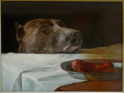 Dogge mit Wurstschüssel von Wilhelm Trübner