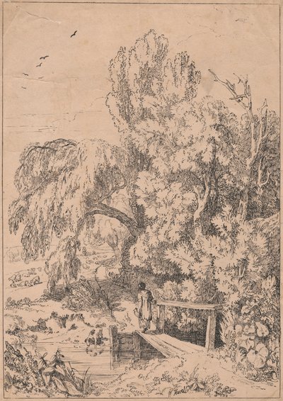 Landschaft mit Bäumen, Mädchen überquert Fußbrücke von William Havell