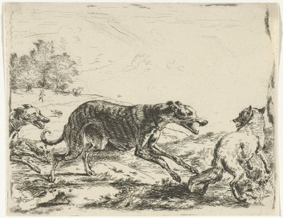 Fuchs und drei Hunde von William Young Ottley