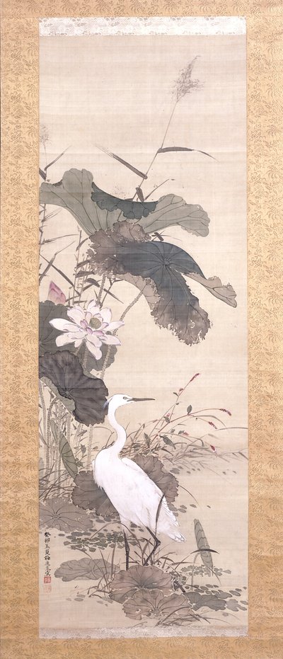 Lotus und schneebedeckter Reiher von Yamamoto Baiitsu