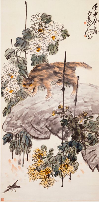 Katze, Vogel und Chrysanthemen von Zhen Wang