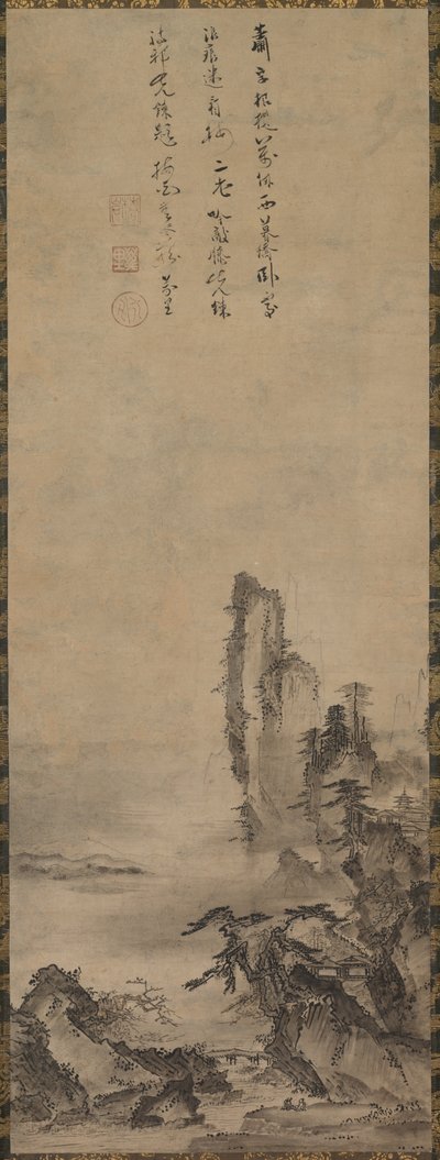Einsamer Tempel und hoher Felsen von circle of Kenkō Shōkei