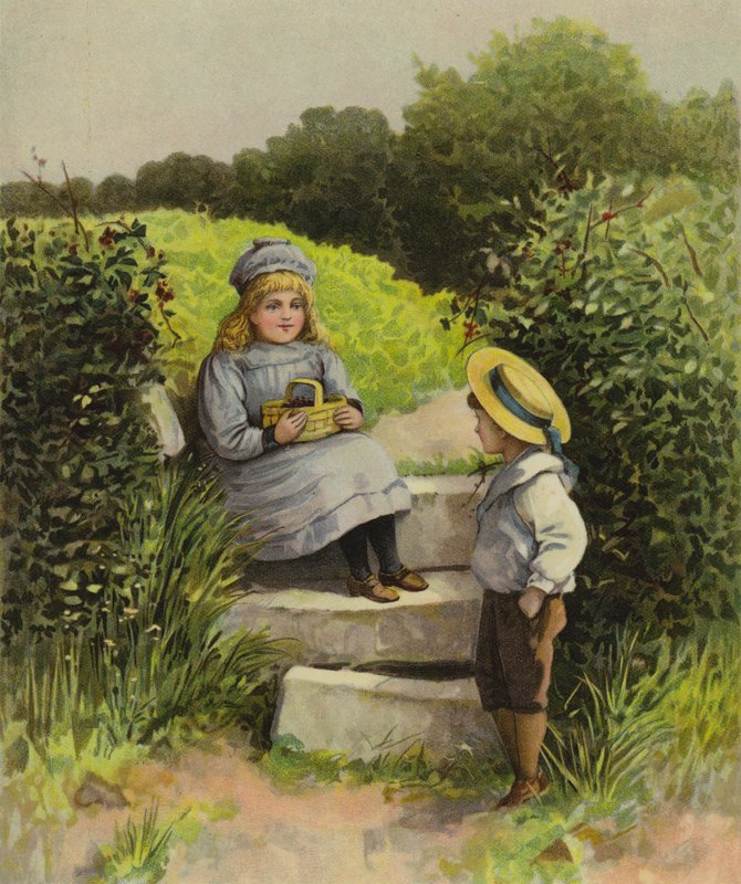 Kinder auf dem Land mit einem Korb voller Früchte von English School