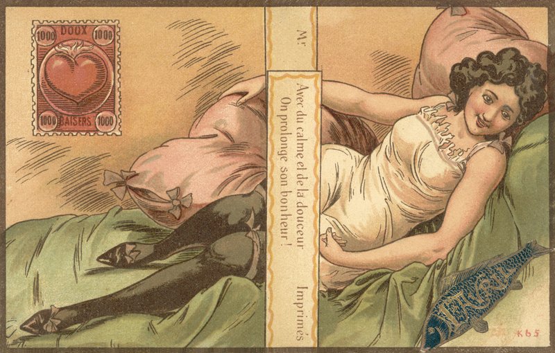 Aprilscherzkarte mit einer liegenden Frau von French School