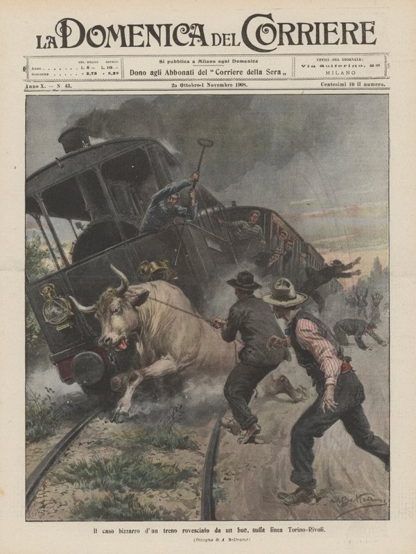 Der bizarre Fall eines von einem Ochsen umgestürzten Zuges auf der Strecke Turin-Rivoli von Achille Beltrame