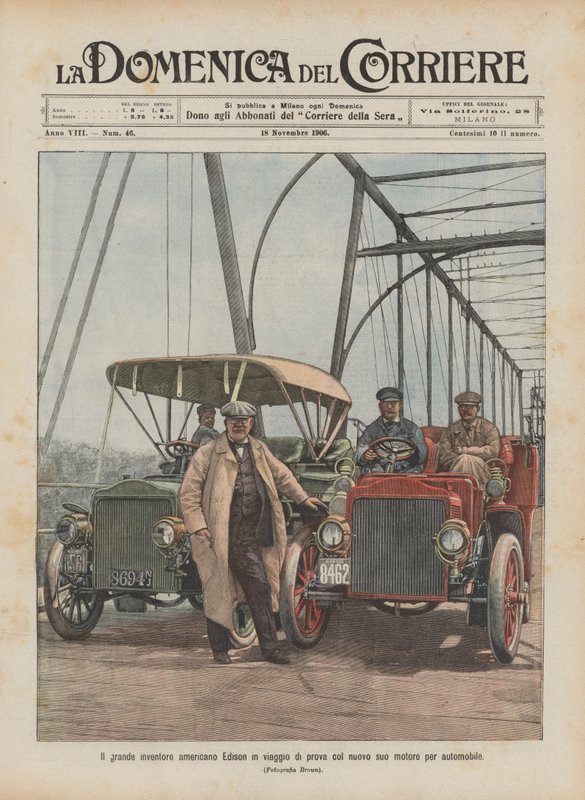 Der große amerikanische Erfinder Edison auf Probefahrt mit seinem neuen Automotor von Achille Beltrame