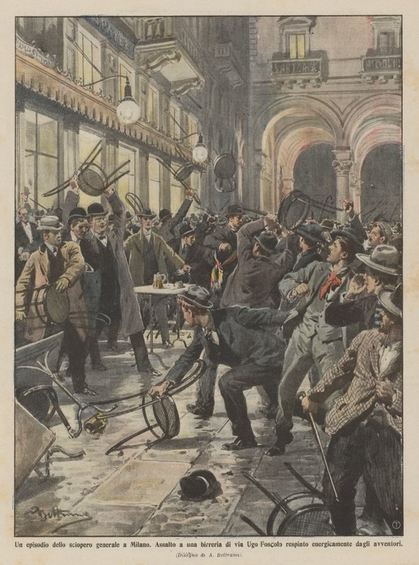Ein Vorfall beim Generalstreik in Mailand, Angriff auf eine Brauerei in der Via Ugo Foscolo abgewehrt von Achille Beltrame