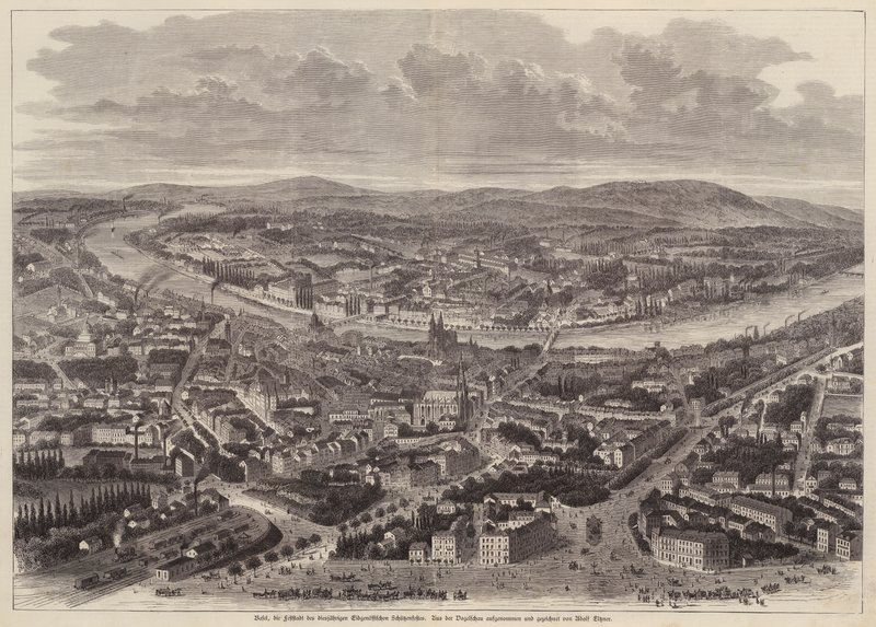Vogelperspektive von Basel, Schweiz (Gravur) von Adolf Eltzner