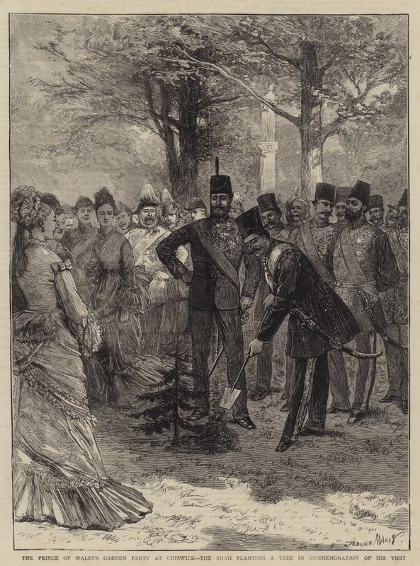 Die Gartenparty des Prinzen von Wales in Chiswick, der Schah pflanzt einen Baum zur Erinnerung an seinen Besuch von Adrien Emmanuel Marie