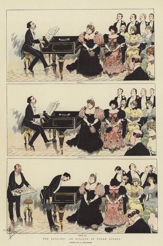 Das Wiegenlied, eine Episode in drei Szenen (Chromolithographie) von Albert Guillaume
