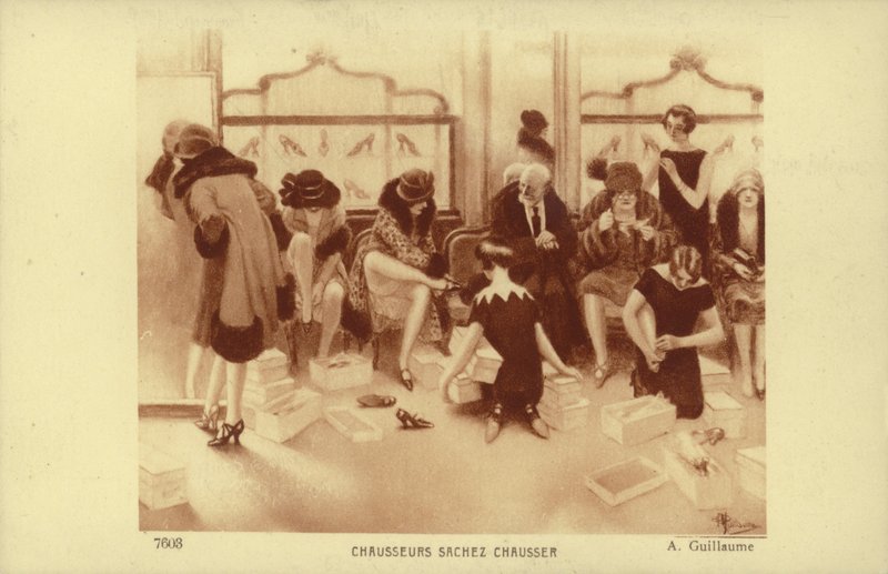 Frauen probieren Schuhe in einem Schuhgeschäft an von Albert Guillaume