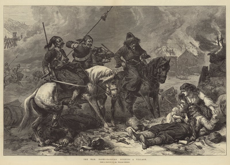 Der Krieg, Bashi-Bazouks brennen ein Dorf nieder von Alfred William Hunt
