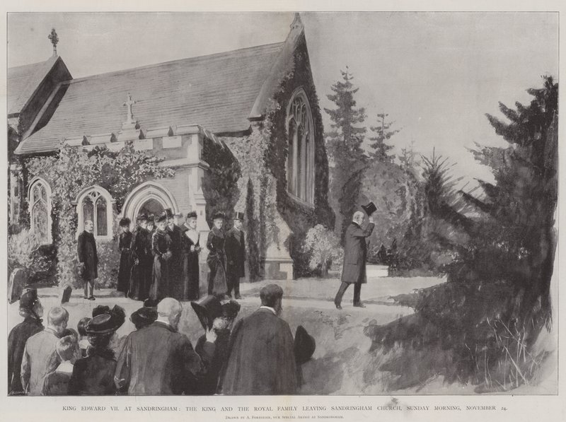 König Edward VII in Sandringham, der König und die königliche Familie verlassen die Sandringham Kirche, Sonntagmorgen, 24. November von Amedee Forestier