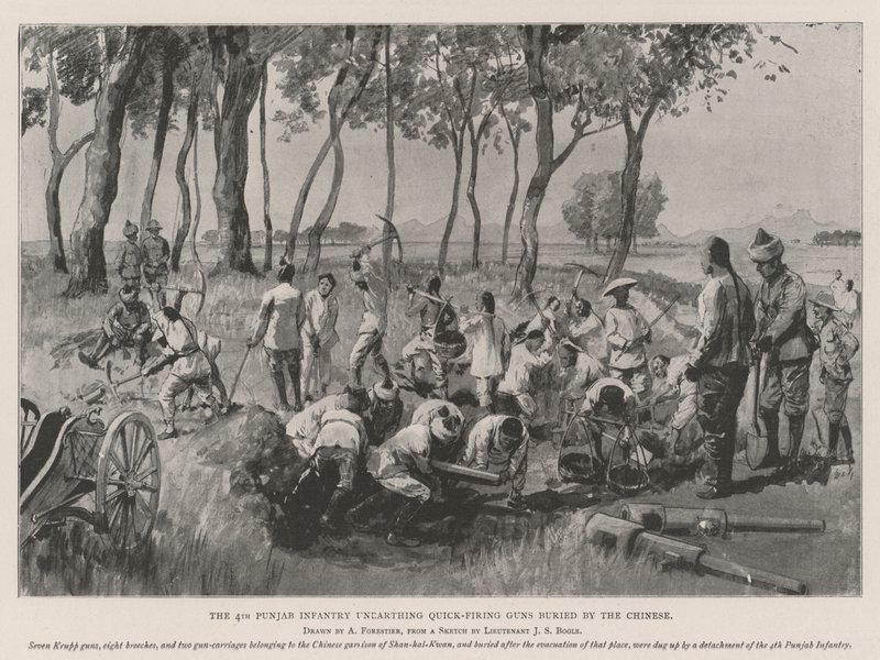 Die 4. Punjab-Infanterie entdeckt Schnellfeuerkanonen, die von den Chinesen vergraben wurden von Amedee Forestier