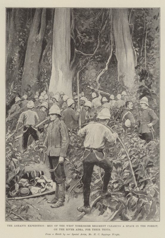 Die Ashanti-Expedition, Männer des West Yorkshire Regiments räumen einen Platz im Wald am Fluss Adra für ihre Zelte von Amedee Forestier
