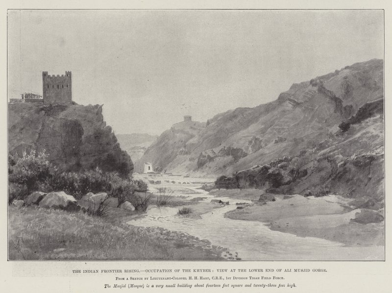 Der Aufstand an der indischen Grenze, Besetzung des Khyber, Ansicht am unteren Ende der Ali Musjid-Schlucht von Amedee Forestier