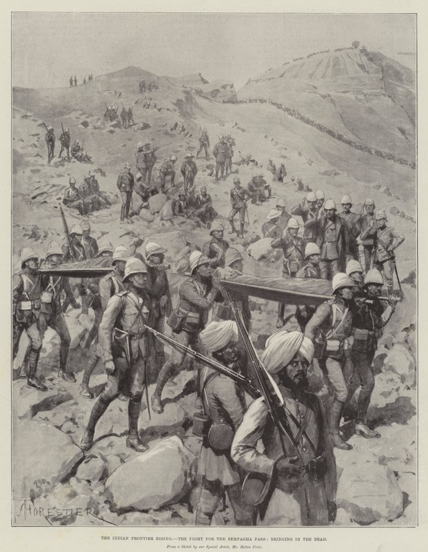 Der indische Grenzaufstand, der Kampf um den Sempagha-Pass, die Toten werden hereingebracht von Amedee Forestier