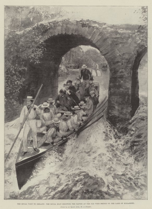 Der königliche Besuch in Irland, das königliche Boot schießt die Stromschnellen an der Old Weir Bridge am See von Killarney von Amedee Forestier